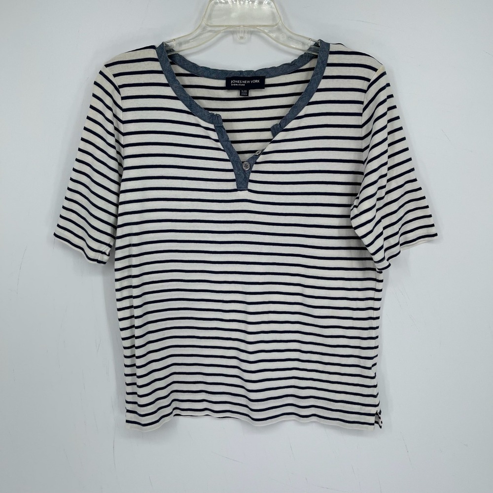 Jones New York Women's White Striped Short Sleeve Preppy Henley T-Shirt Size XL
